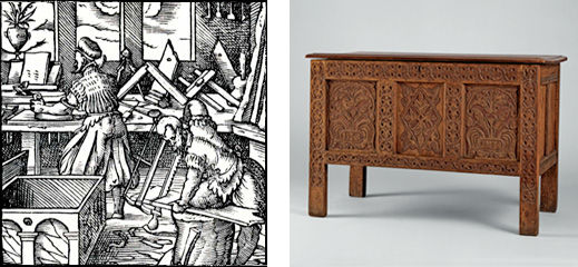 A woodcut of a joiner's workshop and a wood chest with surface decorations
