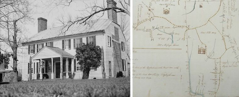 Left: The front facade of the Marmion House in King George County, Virginia; Right: A 1797 land survey which includes a plan of Marmion and the neighboring house. Strawberry Hill.