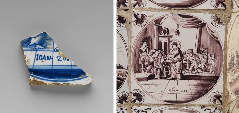 Composite image; On right, fragment of a blue and white tile; on left, clay white and burgundy tile painted with a scene from the Bible of Jesus and others.