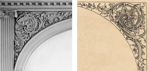 Left: Spandrel from Van Rensselaer Hall. Right: The carved decoration was inspired by this engraving from A New Book of Ornaments, with Twelve Leaves (London, 1752)