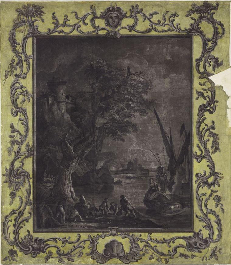 Scene in wallpaper copied from an engraving by Jean Jacques Le Veau that was in turn adapted from a painting by Charles François Lacroix