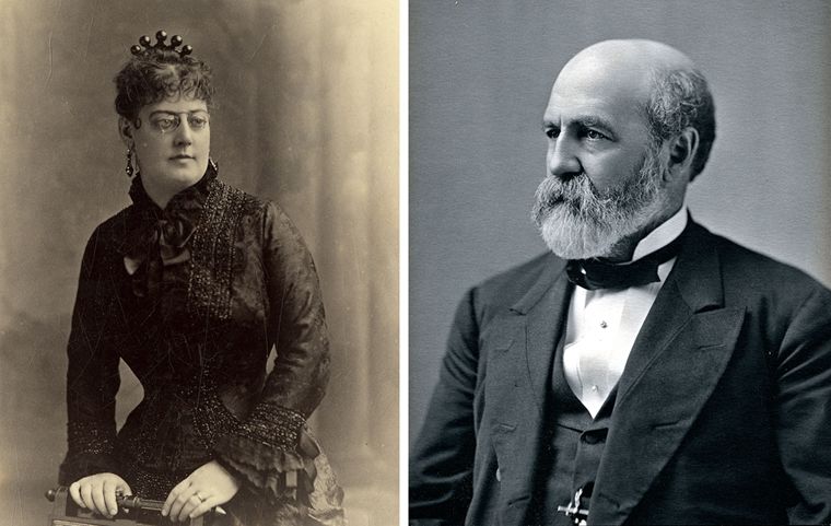 Composite image. On left, a photograph of a seated Arabella Worsham wearing glasses and a hairpiece. On right, a photograph of Collis Huntington wearing a suit and a bowtie.