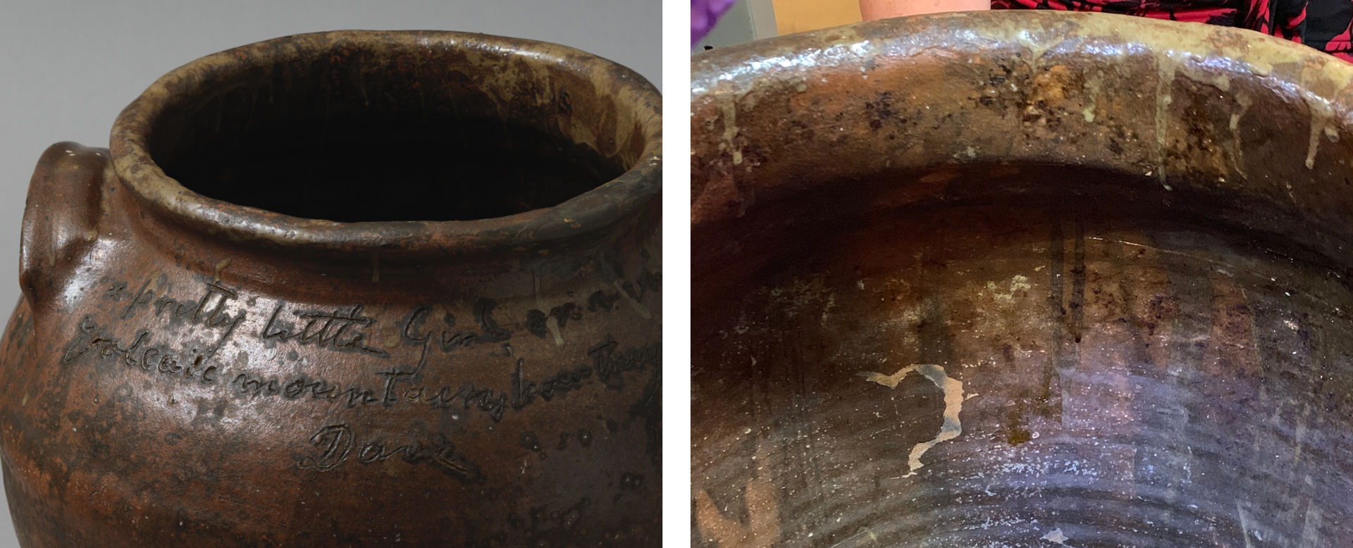 Composition image: on the left, a detail shot of a jar made by the enslaved potter Dave (later known as David Drake) with visible handwriting engraved onto the surface surrounding the edge of the jar’s opening, and on the right a detail shot of the jar’s interior with visible drip residue on the opening edges and interior walls.