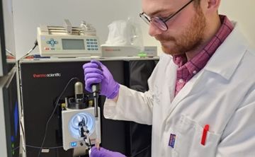 The scientist Vaclav Krupicka of the University of Bordeaux prepares a sample for injection onto a scientific instrument called the ThermoFisher Orbitrap Eclipse Tribrid Mass Spectrometer.