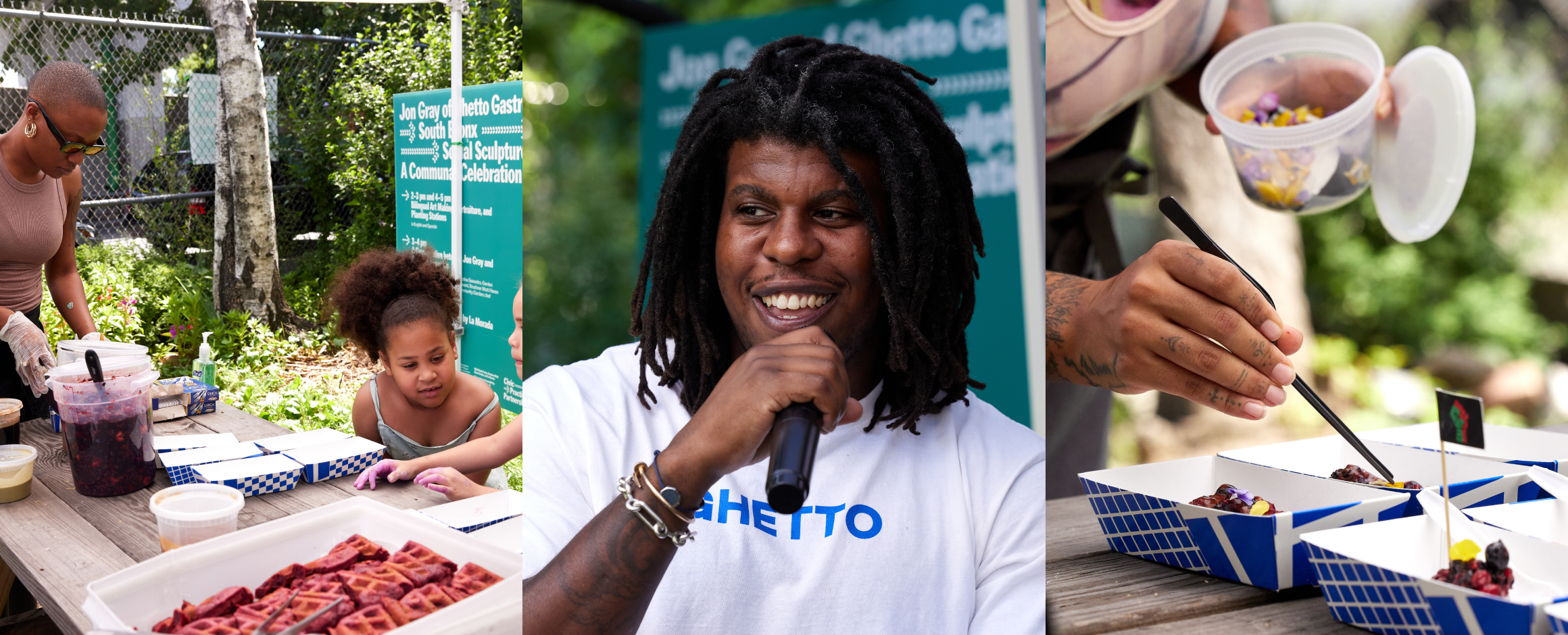 Composite image of scenes of serving food and Jon Gray speaking from his culminating residency event at the Bruckner Mott Haven Community Garden
