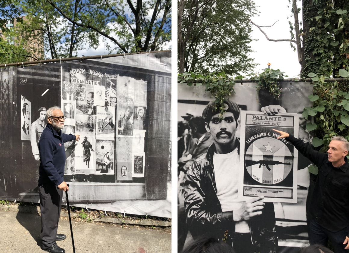 Composition image: Miguel Luciano (right) and photographer Hiram Maristany (left) lead a tour of Mapping Resistance: The Young Lords in El Barrio.