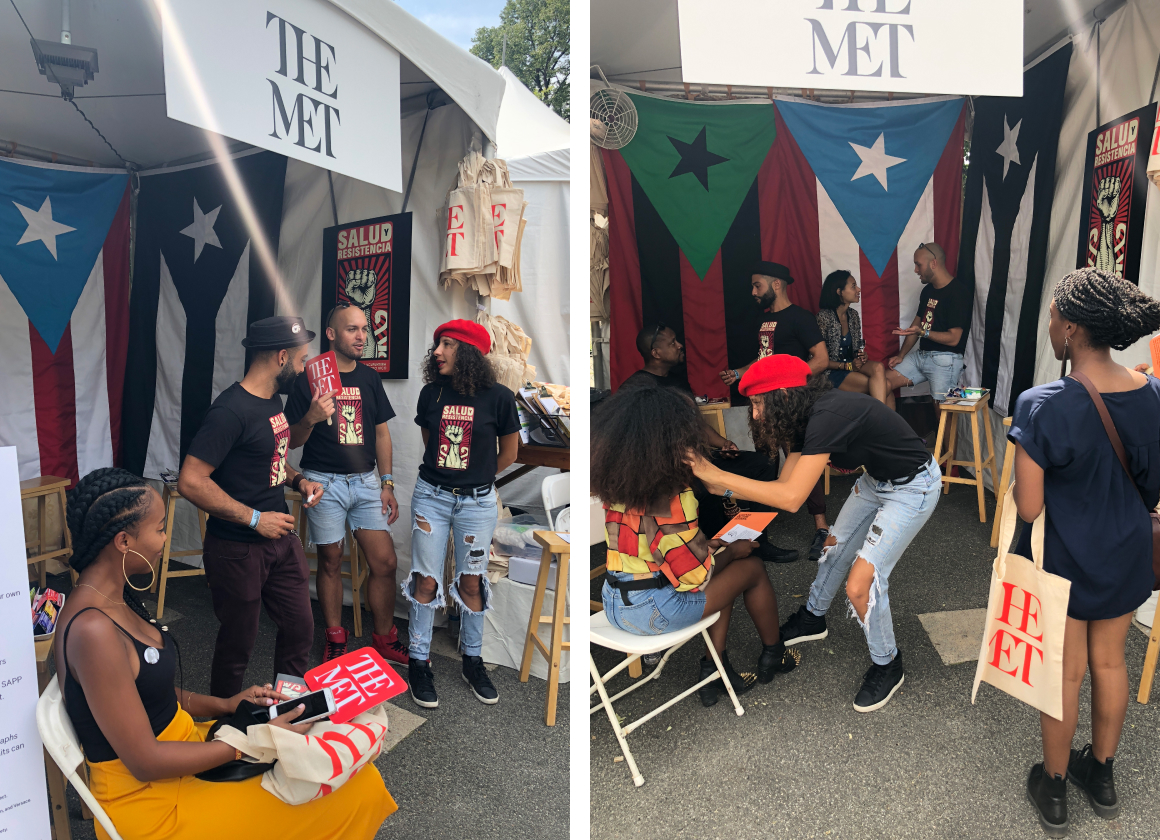 Composition image: Salud y Acupuntura para el Pueblo members administering auriculotherapy treatment at the Afropunk Festival. 