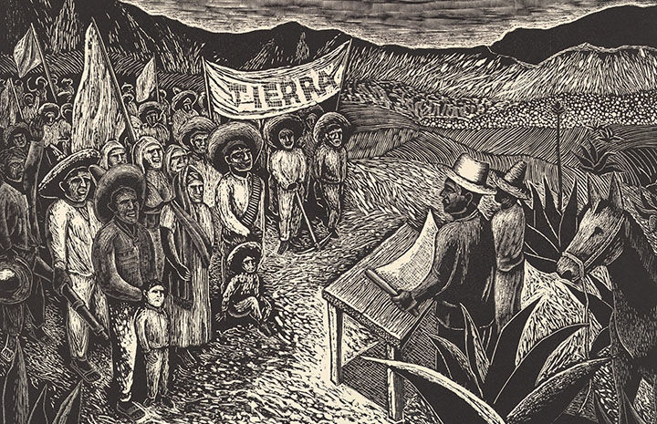 alt text="Wood block print depicts man reading decree to crowd of farmers"