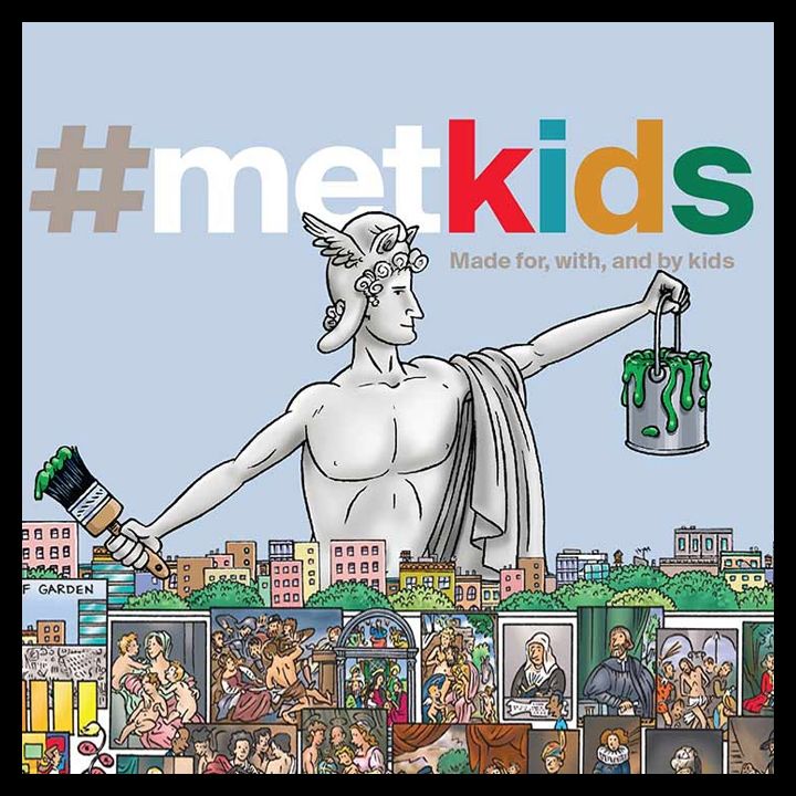 Colorful illustration of an ancient-style statue wearing a helmet and holding a paintbrush in one hand and holding a paint bucket aloft in the other