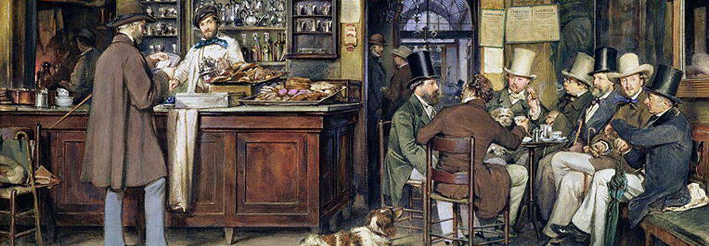 A watercolor by Ludwig Passini of the interior of the Caffe Greco in Rome