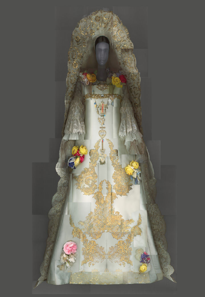 Christian Lacroix wedding ensemble featuring a number of floral designs and elements