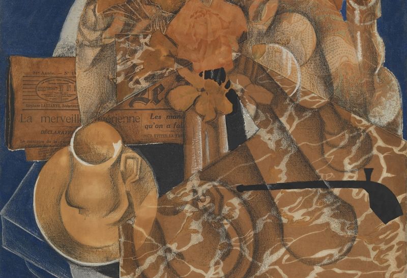 Collage in blue and orange tones depicting flowers, mugs and a few other abstract shapes 