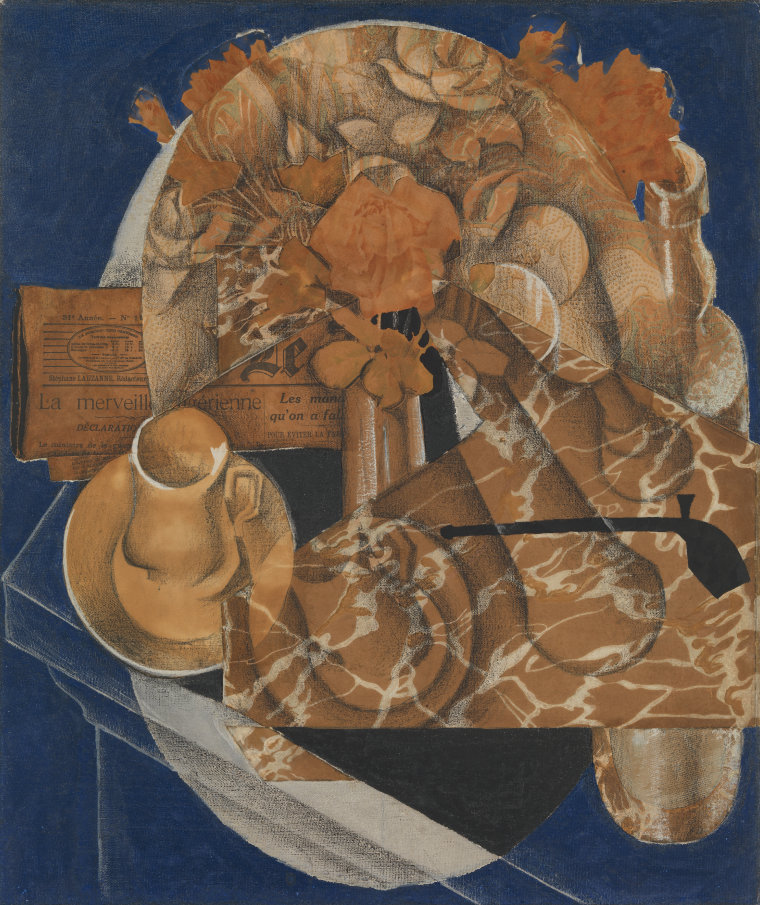 Cubist painting of flowers, mugs, plates, newspaper and a few other abstract shapes