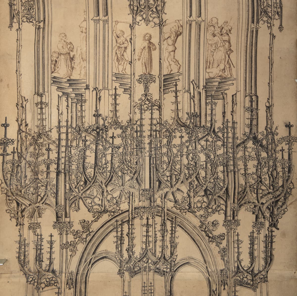 A black ink drawing of an ornate Gothic architectural structure.