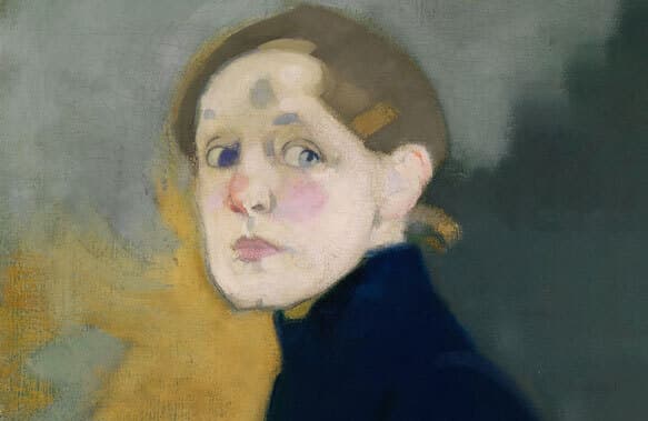 Self-portait of artist Helene Schjerfbeck surrounded by a colorful abstract background